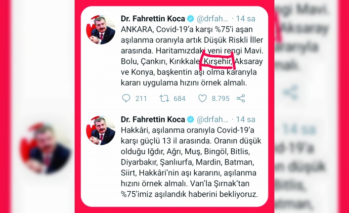 Sağlık Bakanı Koca’dan Kırşehir halkına aşı çağrısı